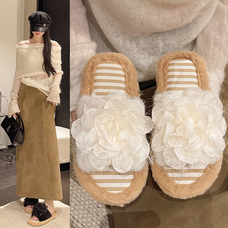 Gentle Breeze Mesh Floral Fuzzy Slippers for Women, Sweet Rose Flat Slippers, Girlish Home Casual One-strap Fuzzy Slides