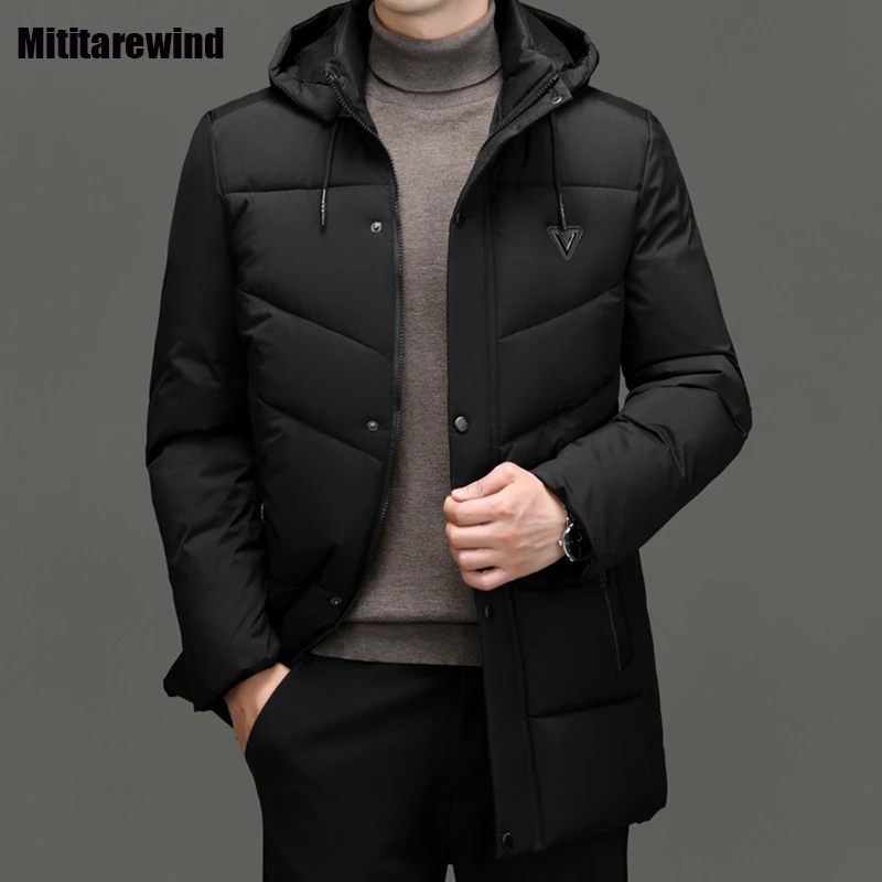 Vestes rembourrées mi-longues épaisses pour hommes, veste à capuche noire, manteau masculin simple, affaires décontractées, chaud, mode, hiver, nouveau