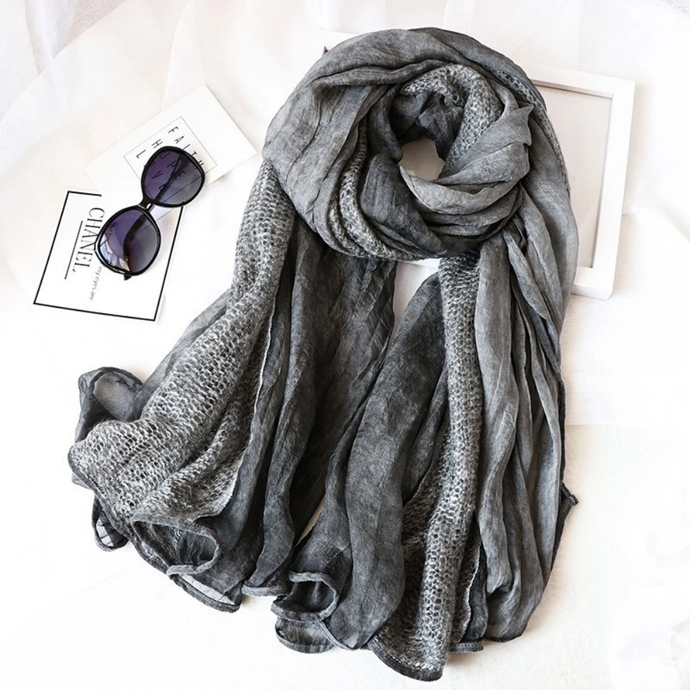 Silk Cashmere Wool Hollow Out Women's Scarf Premium Feel Patchwork Shawl Foulards Femme Long Warm Windproof Photography Scarves