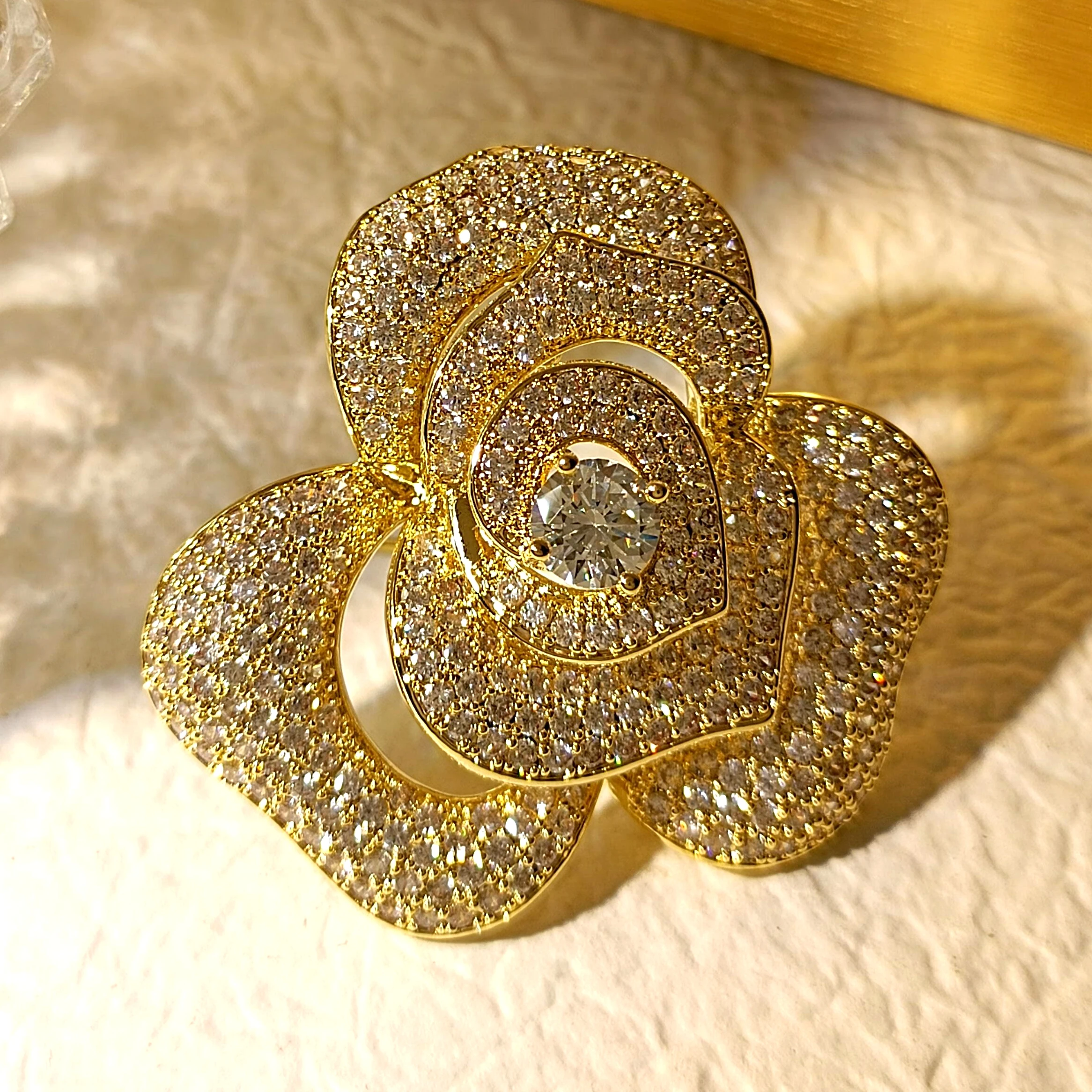 Sparkles Gold Tone Pave CZ Trio Tiered Camellia Flower Brooch Pin Festival Jewelry