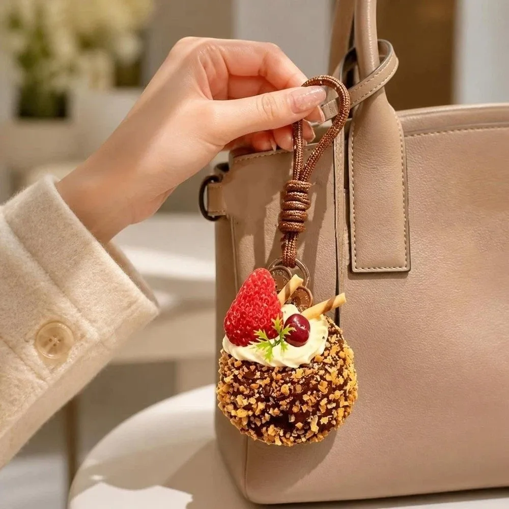 Cute Realistic Simulation Cake Keychain Chocolate Fruit Decoration Mousse Cake Pendant Strawberry Cream Cake Hanging Bag Pendant