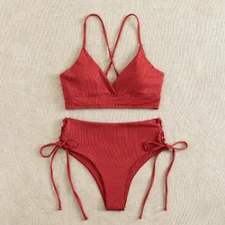 Cikini-V-Neck Split Bikini Set dla kobiet, seksowny strój kąpielowy, zasznurować, trójkątne bikini, jednolity kolor, plażowe stroje kąpielowe, strój kąpielowy