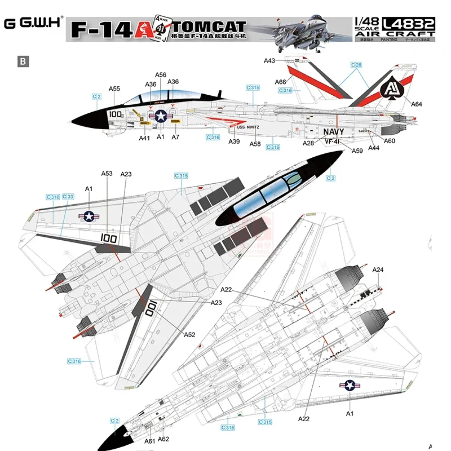 Assemble Attack Aircraft Scale Model Kit L4832 Grumman F-14A TOMCAT Shipborne Fighter 1:48 By Great Wall Hobby