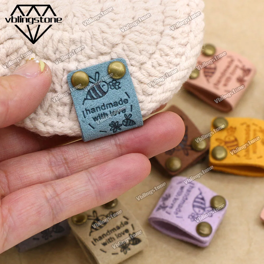 20Pcs Bee Handmade Leather Label Tags Handmade With Love Labels For Clothes Spikes Studs for Leather Crafts Sew Accessories