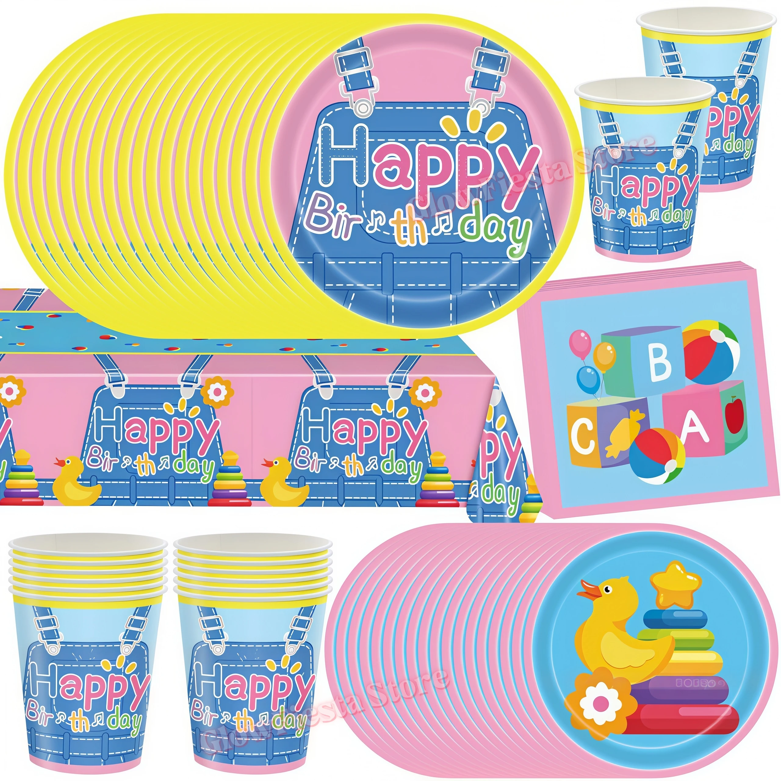 Kit de Artículos para Fiestas de Cumpleaños con Diseño de Pantalones con Tirantes, Vajilla, Artículos de Mesa para Educación Temprana, Decoración para Baby Shower