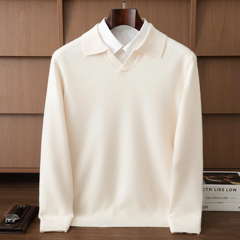 

Men Turn-Down Collar Cashmere Sweater Zipper Smart Casual Pullover 100% Merino Wool Knitwear Autumn Winter Soft Comfy Basic Tops