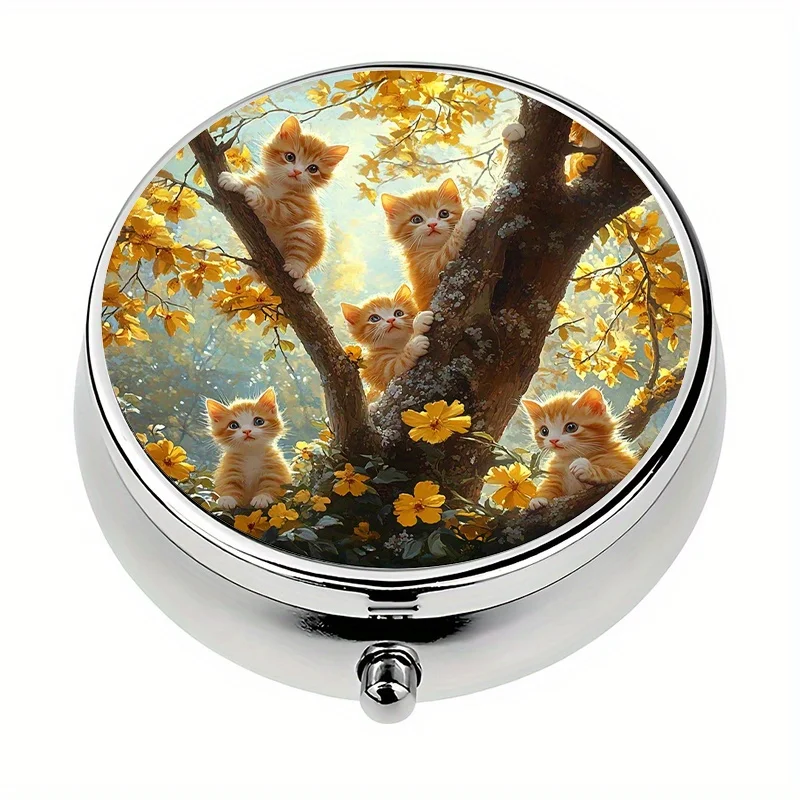 1 Box with 3 Compartments, Autumn Tree Scenery and Cute Cat Pattern, Storage Box, Organizer Box, Decorative Vitamin Storage Bag, Can Be Used as a Handbag