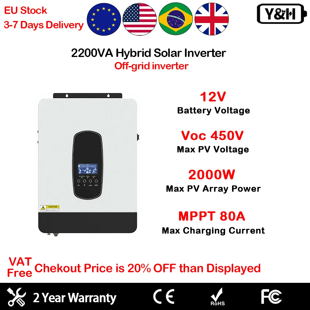 Y&H 2200VA 1800W Hybrid Solar Inverter DC 12V AC 230V Off-Grid Pure Sine Wave Inverter Built in MPPT 80A Solar Charger