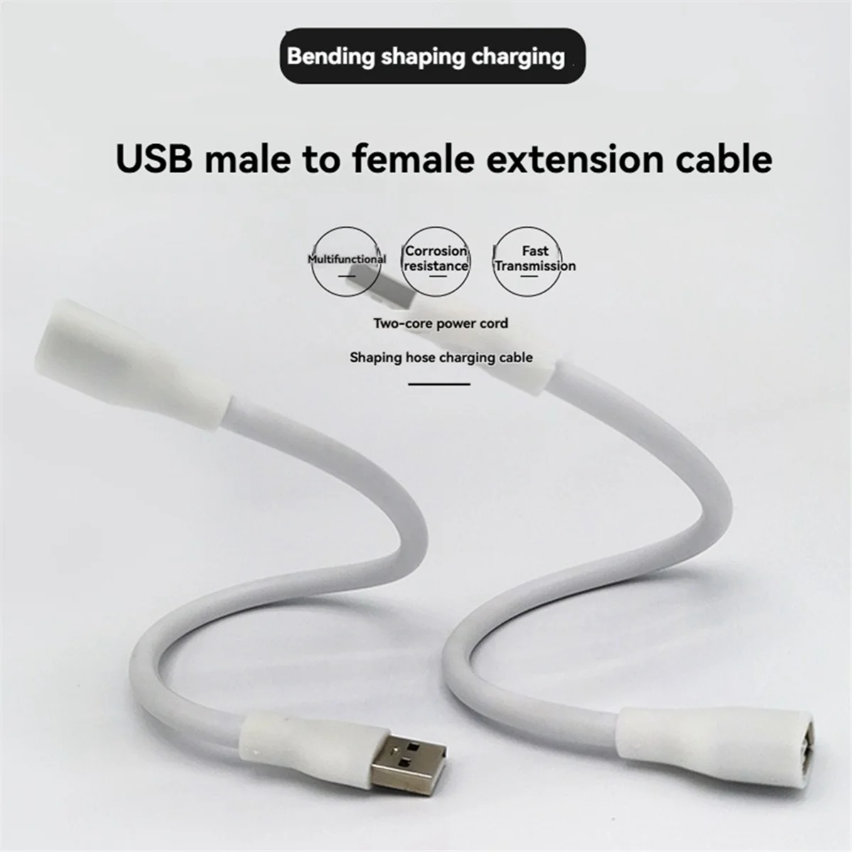 AT42 2 قطعة كابلات تمديد USB مرنة ذكر إلى أنثى مع مصدر طاقة 2 النوى مثالي لقراءة الكمبيوتر المحمول بإضاءة USB