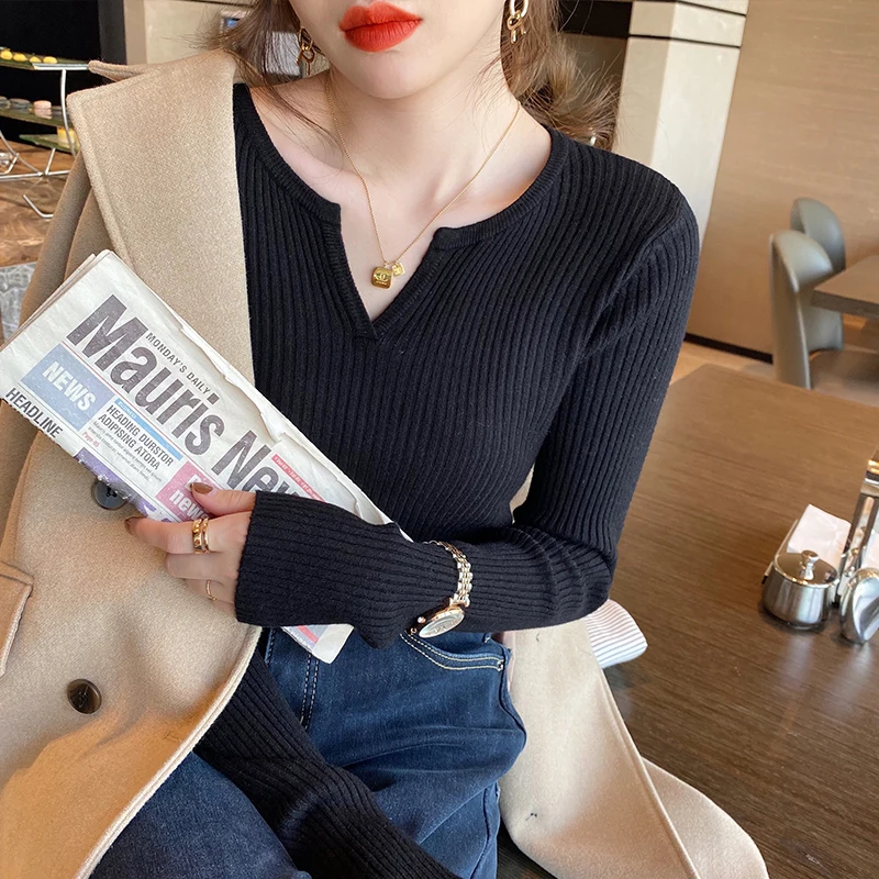 Women Long Sleeve V-Neck Slim Sweaters Korean Ladies Knitted Casual Pullovers Top 2023 Autumn Winter Knitwears Jumper Pull Femme