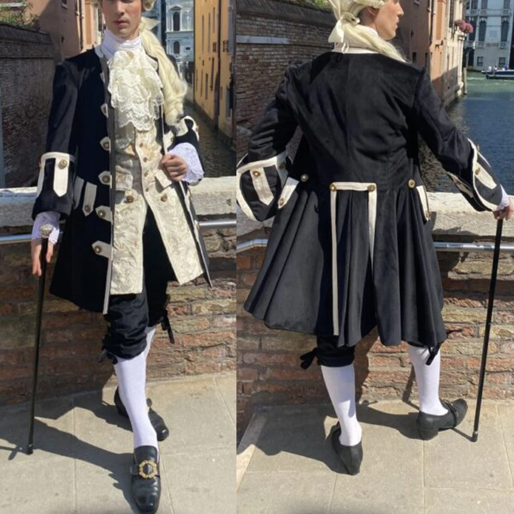 18th Century Men's Baroque Rococo Court King Prince Cosplay Suit Blcak Uniform Luxurious Outfits Theater Costumes