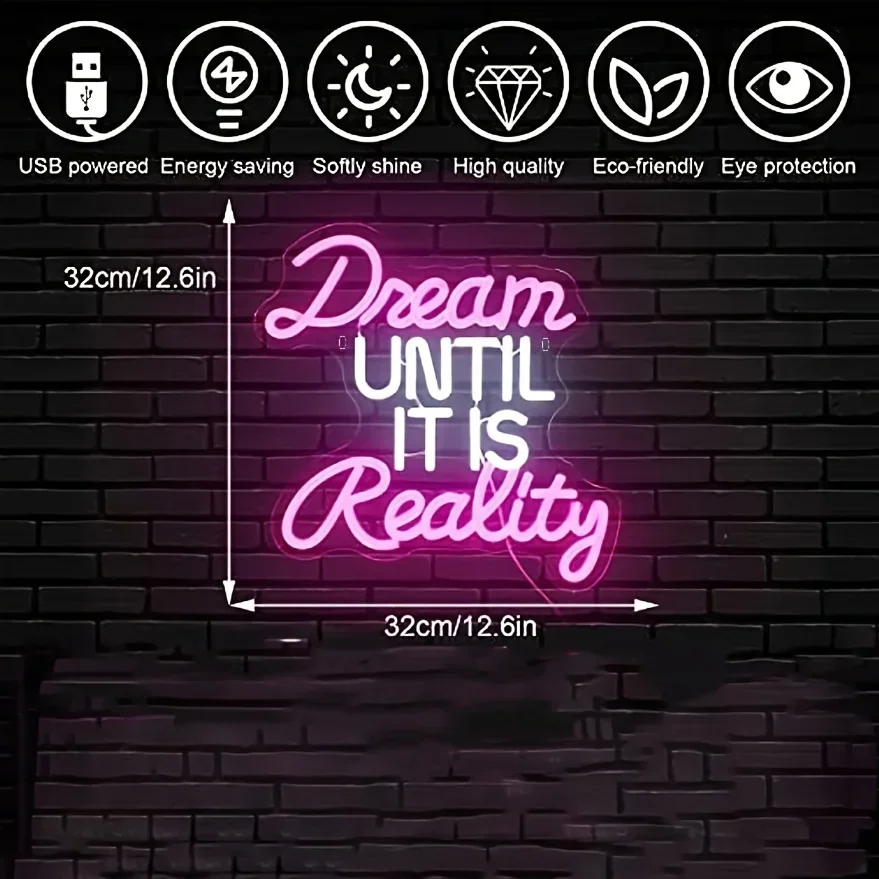 Dream Until It Is Reality Neon Sign Pink White LED Wall Art USB Powered  Decor Home Bedroom Office Lover Novelty Gift Light