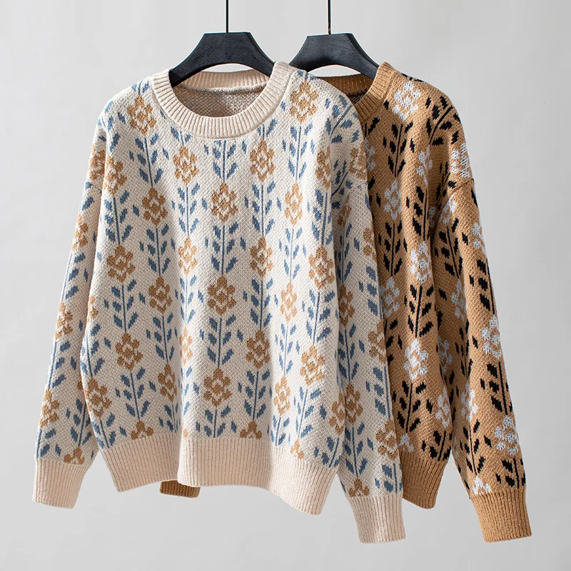 Vintage Floral Jacquard Knit Sweater for Women Retro Pattern Crew Neck Pullover Casual Fall Winter Long Sleeve Knitwear Jumper