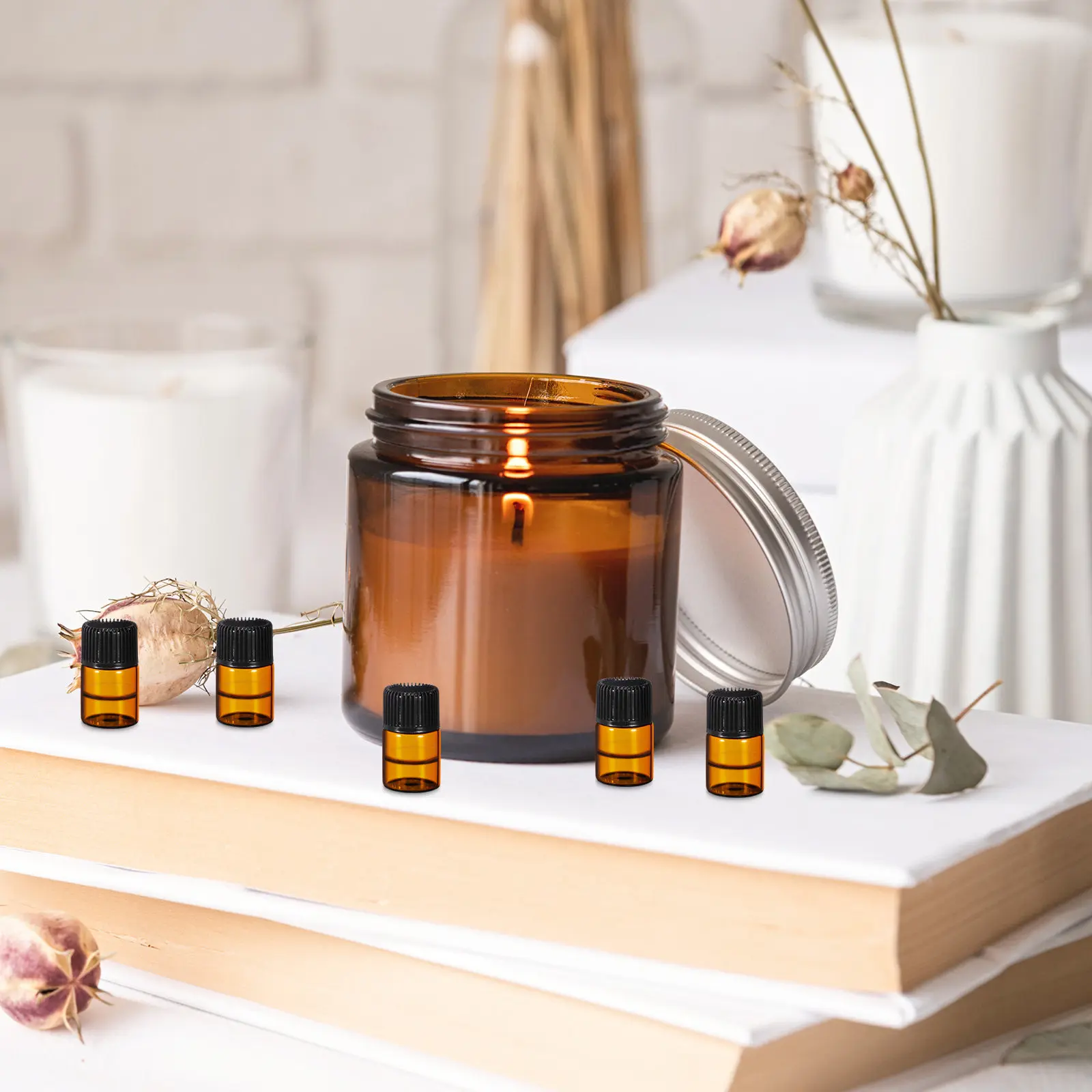 12Pcs 2Ml Mini Amber Glass Vial Bottles Leak Resistant Small Bottle for Oil Essential Oils Perfume Chemistry Lab Use