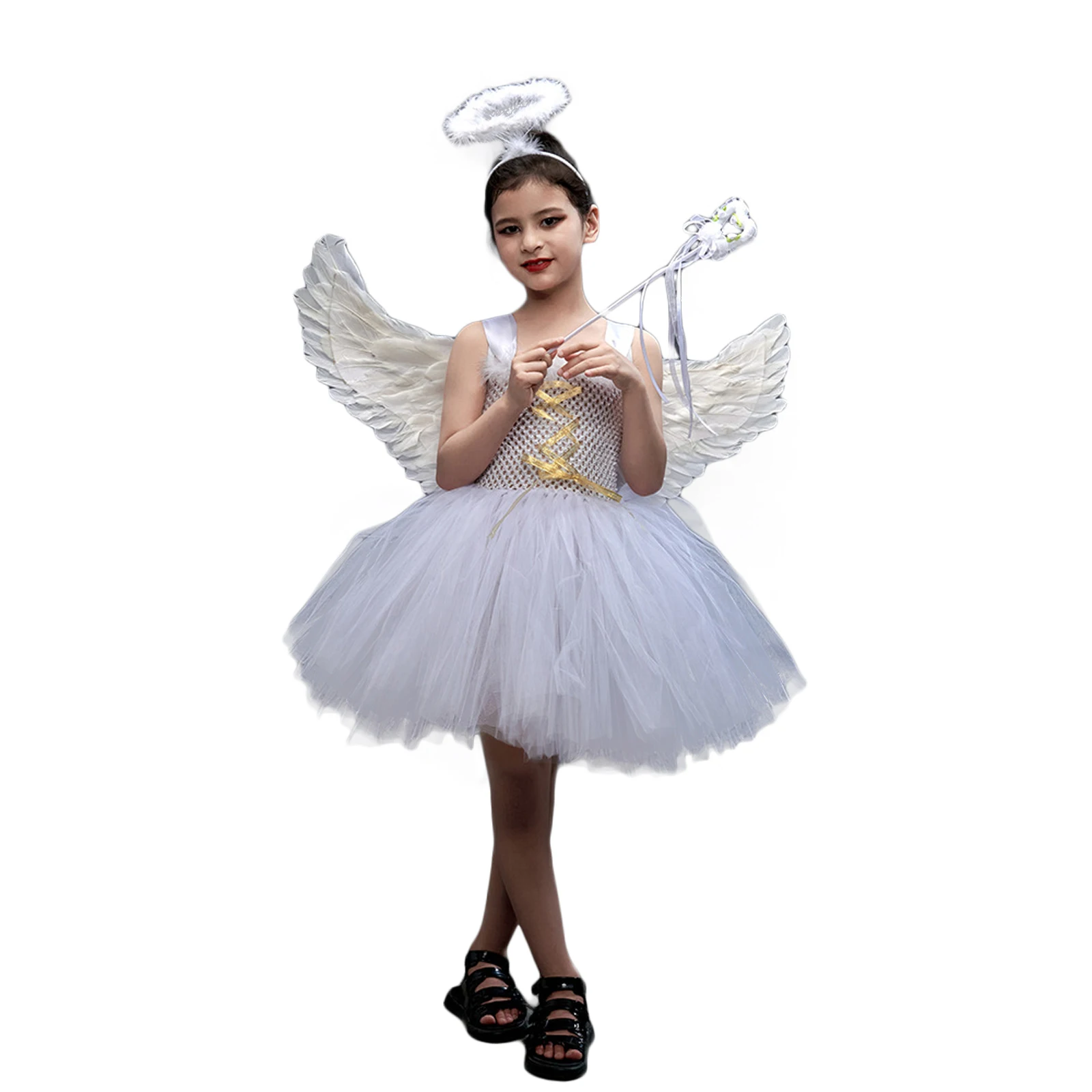 

Children Performance Wear White Angel Wings + Princess Dress + Headband Decoration + Stick Accessories