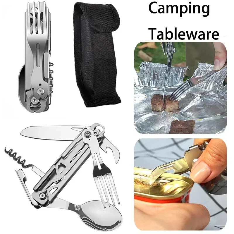 

1Pc Multifunctional Cutlery Set Portable Folding Camping Tableware Stainless Steel Knife Fork Spoon Can Opener Outdoor Equipment