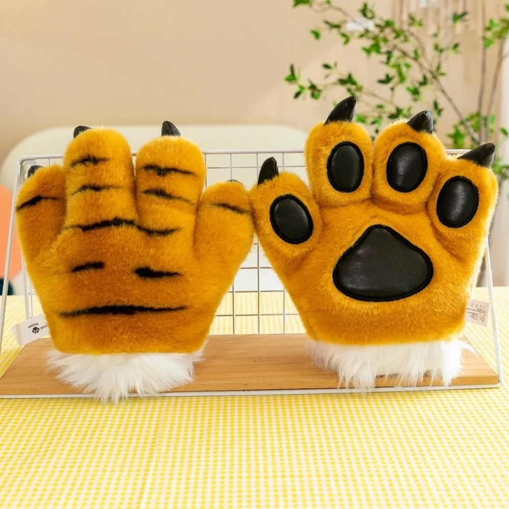 Cute Faux Tiger Paw Gloves Fluffy Texture Striped Design Hand Warmers Soft Padded Interior Animal Cosplay Costume Accessories