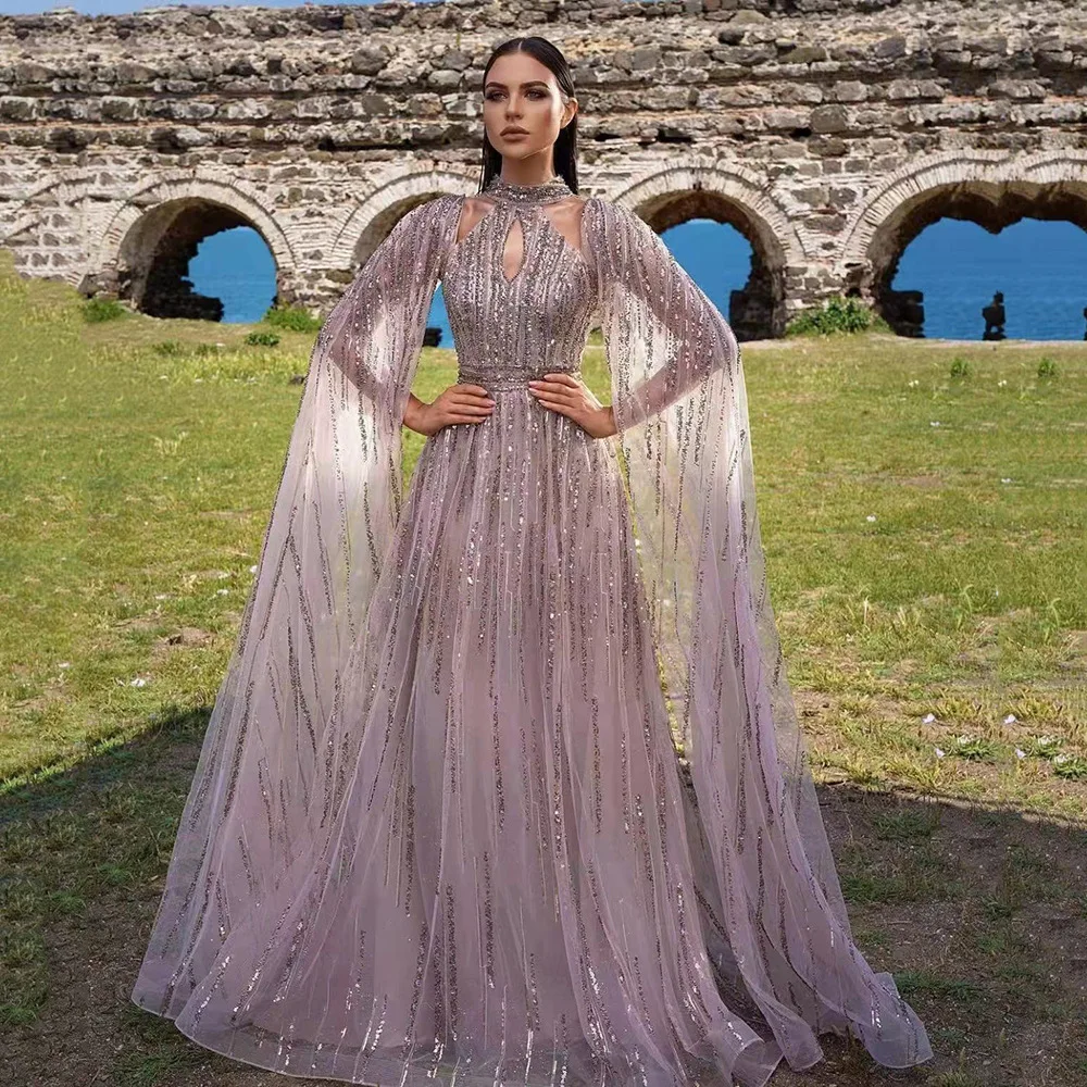 

Elegant A-Line Semi Formal Evening Dress Long Sleeve High Neck Tulle Sequin Court Train Wedding Guest Dress 2025 Free Customized