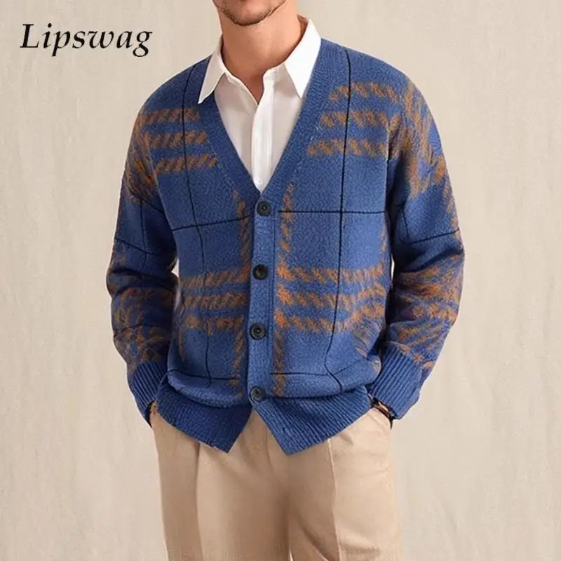 2024 Autumn Casual Sweater Cardigans For Mens Vintage V Neck Buttoned Long Sleeve Knit Jacket Men Fashionable Slim Knitted Coat