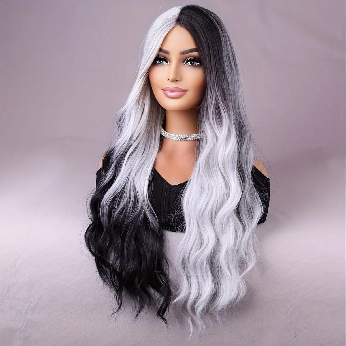 Long black and white double wig white wig with heat resistant synthetic hair in the middle part of the cosplay party wig