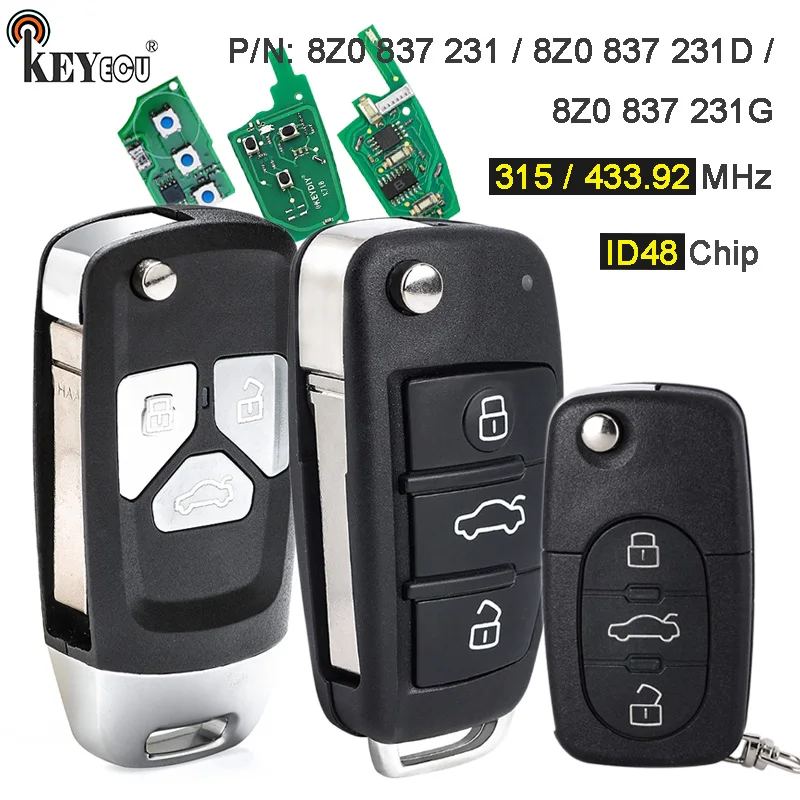 KEYECU 315MHz / 433.92MHz ID48 Chip 8Z0 837 231 / 8Z0 837 231D / 8Z0 837 231G Flip Remote Key Fob for Audi A4 S4 A6 S6 A8 S8 TT 