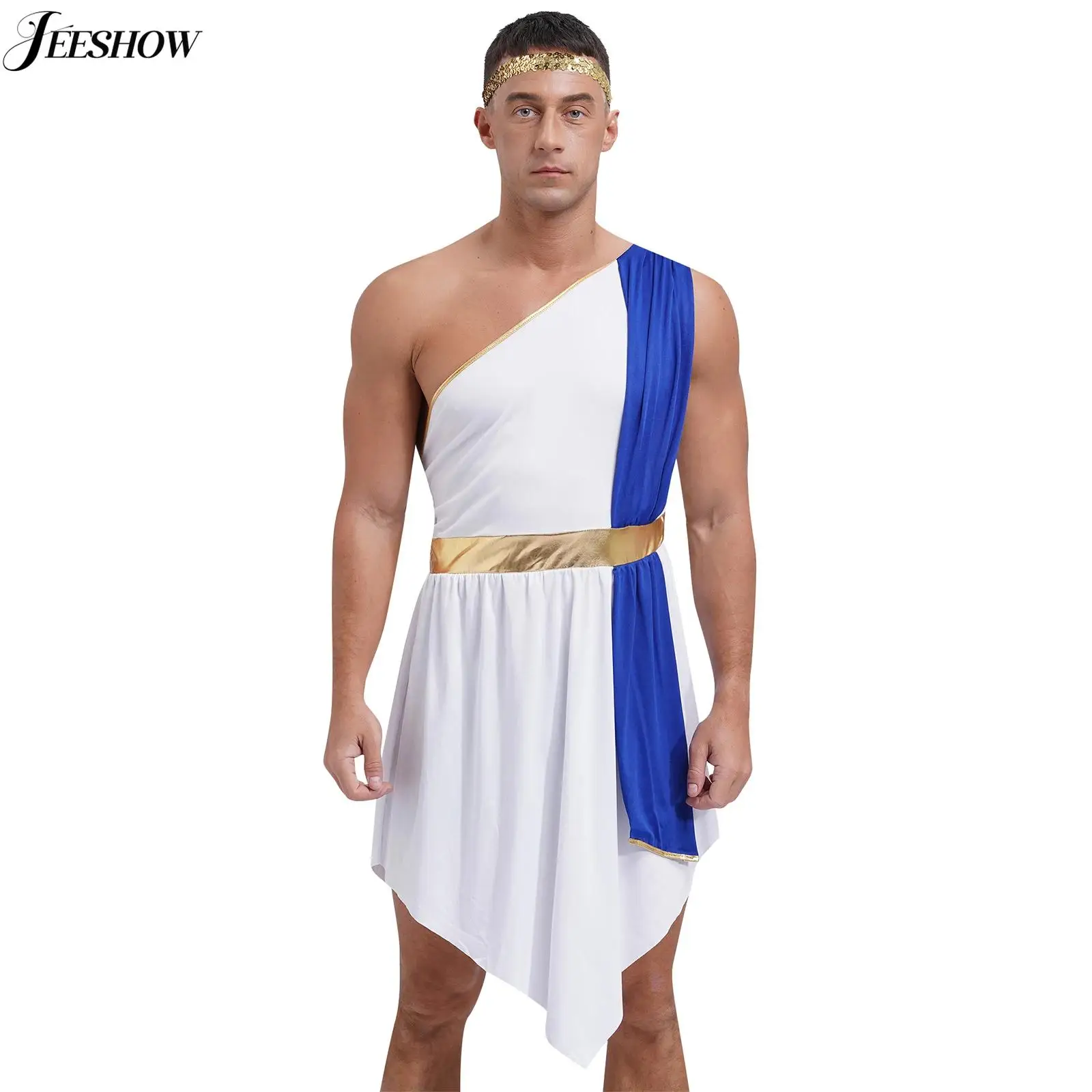 Mens Ancien Greek Roman Toga Costume Athenian Role Play Color Block One Shoulder Irregular Hem Tunic Robes with Sequin Headband