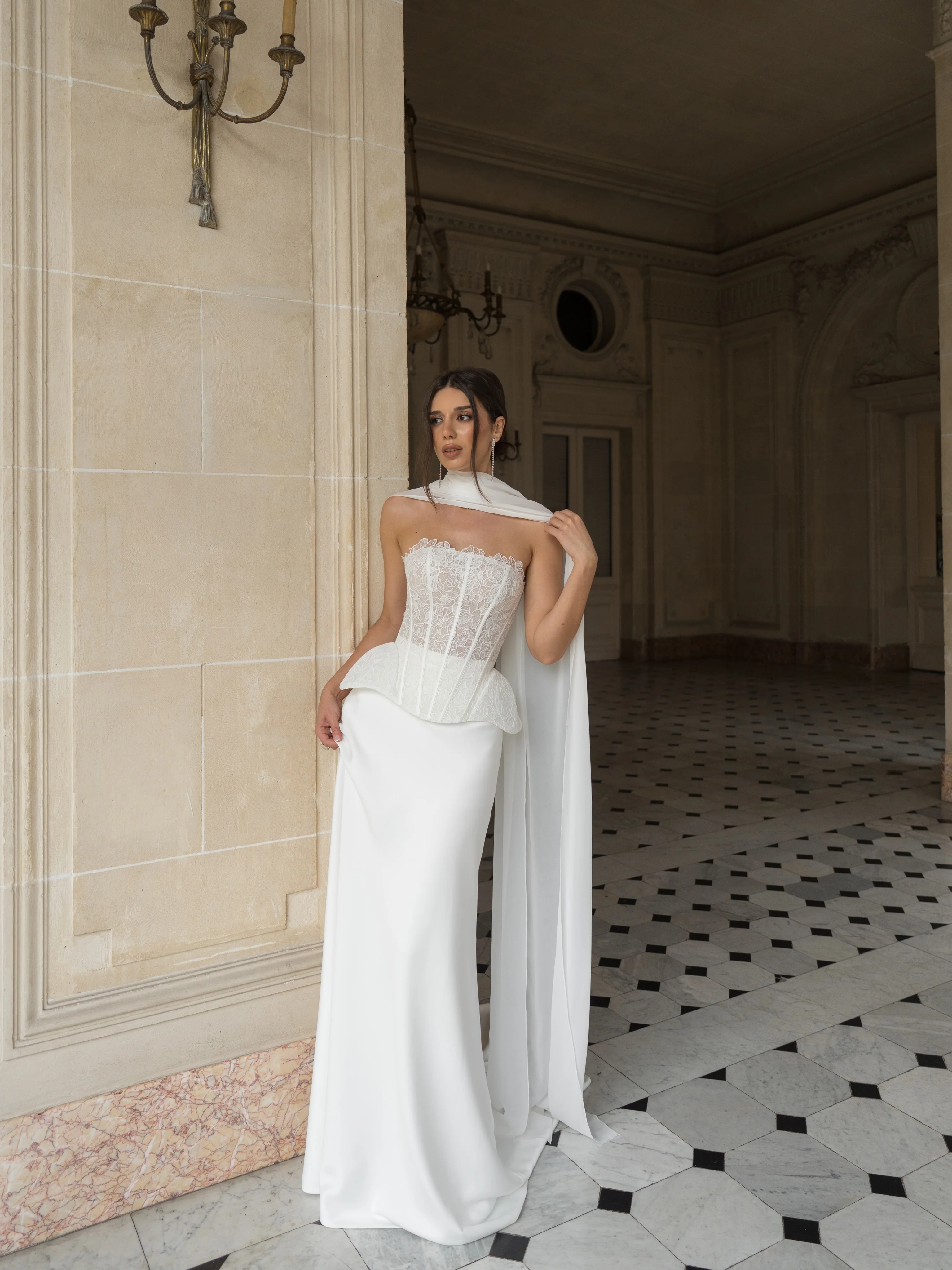 Sharon Said Mermaid Wedding Dress with Scarf Lace Top Satin Bridal Gowns SW241 Customized