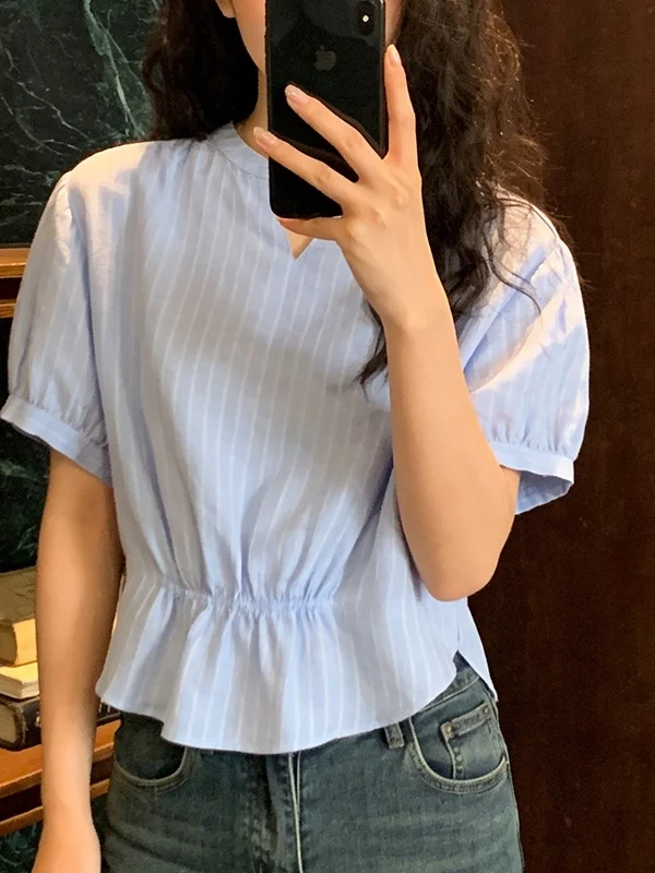 

Loose Striped Shirt Women's V-neck Comfortable Breathable Korean Style Short Sleeve Casual Top Fashion Design Summer New Arrival