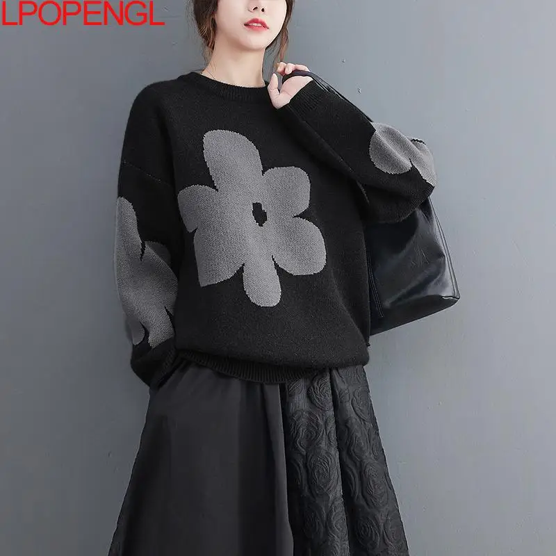 Frauen Herbst und Winter neue koreanische Boden lange Ärmel Blumen O-Ausschnitt Pullover A-Straight Vintage Pullover Trend Top