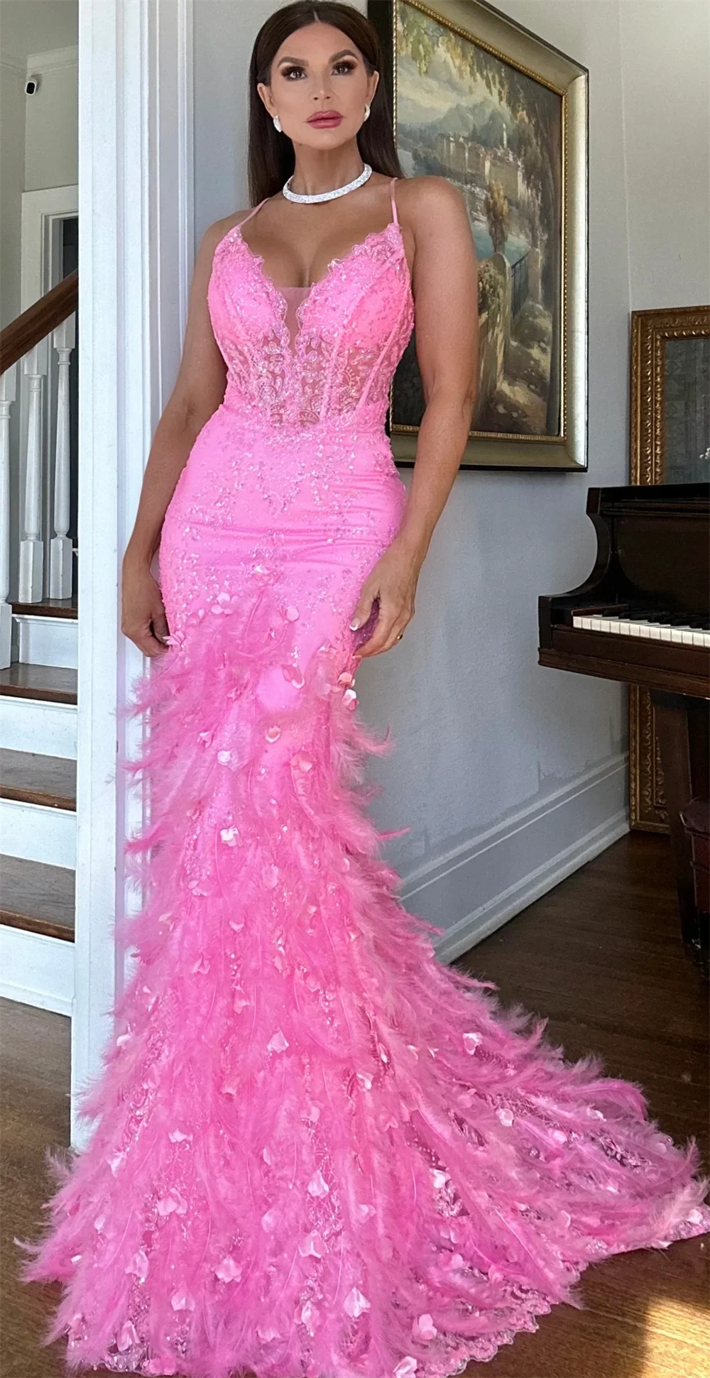 Annie Hot Pink Wedding Dress Luxury Feather Fairy Elegant Prom Dresses Sexy Mermaid Corset فساتين سهرة Vestidos De Fiesta