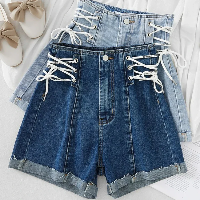 Women's High Waist Denim Shorts, Thin Design Tie Rope, Wide Leg Hot Pants, Summer Bud, New