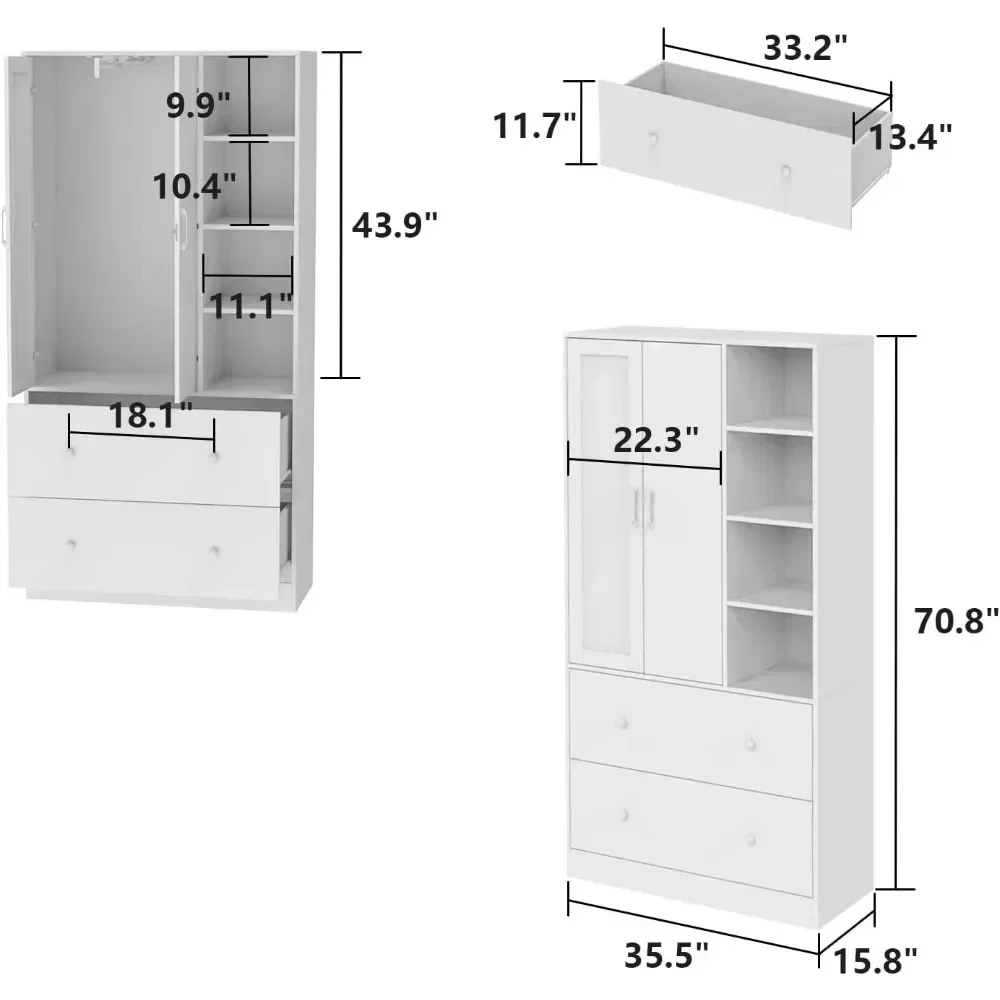 Wardrobe Armoire Closet with Mirror, 2 Door Wardrobe Cabinet with 2 Drawer & Extendable Hanging Rod, Wardrobes