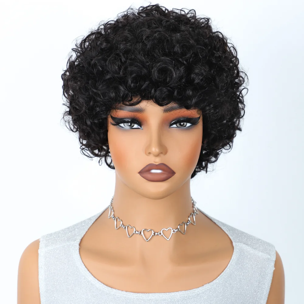 Short Brazilian Jerry Curl Human Hair Wigs With Bang Nature Black Dark For Women Kinky Curly Remy Hair machine made