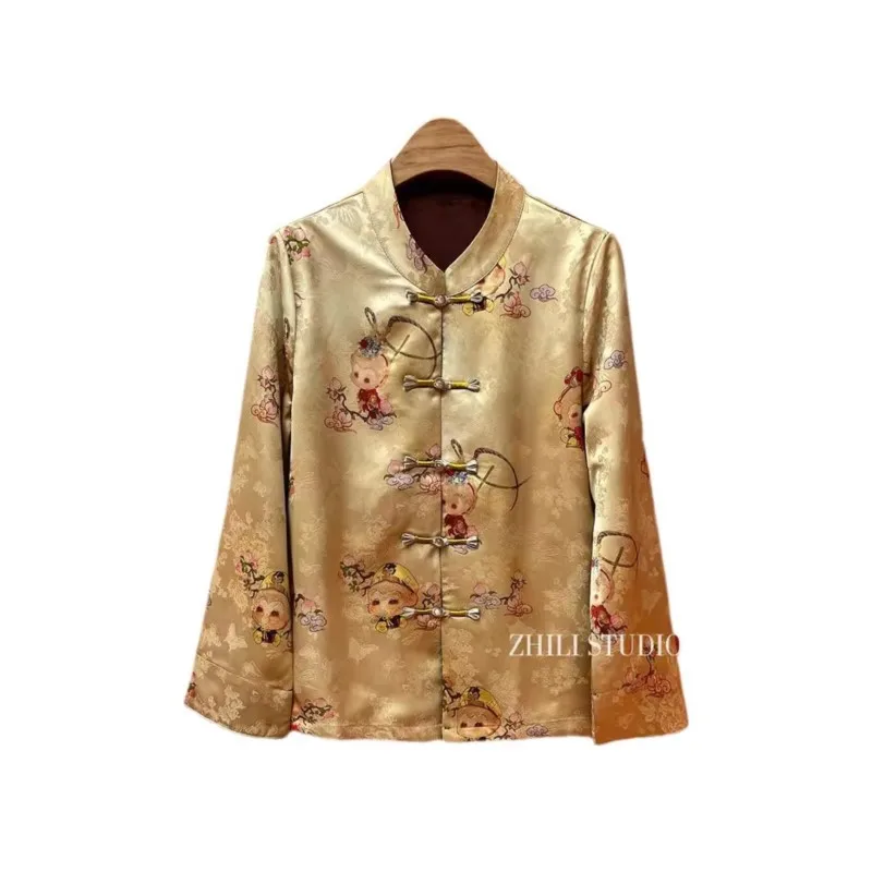 

New Chinese thin coat female light luxury national wind flower top button stand collar cardigan