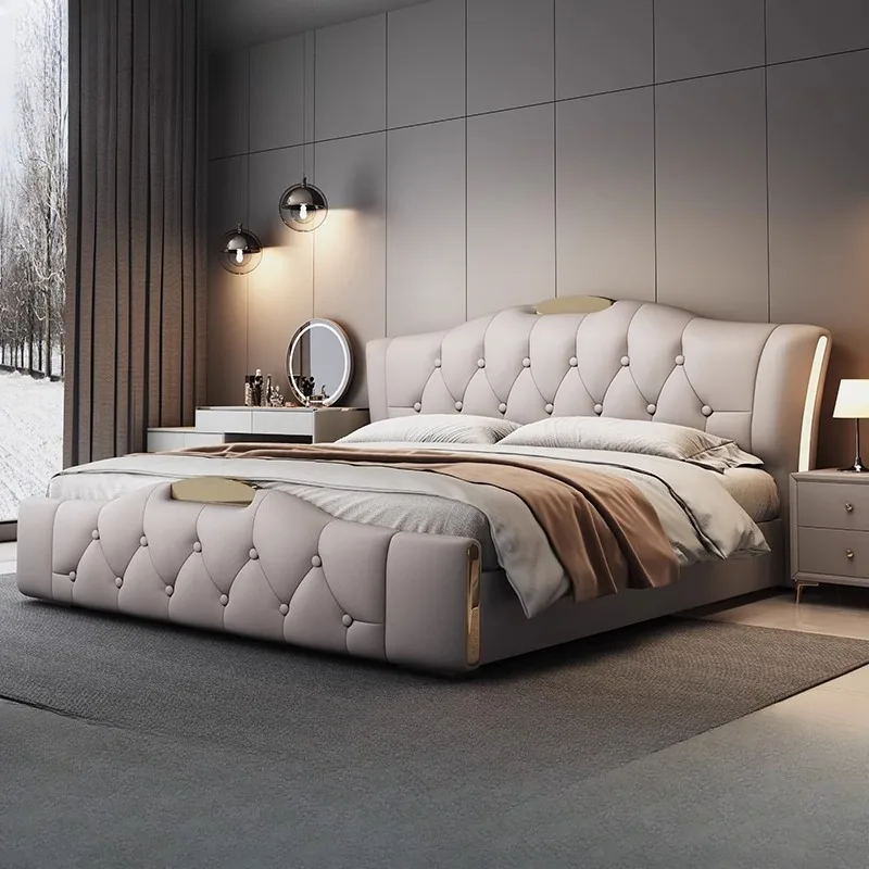 

Leather Simple Double Bed Sheets Storage Design Mattress Frame Double Bed Luxury Modern High Cama Twin Bedroom Furniture Set