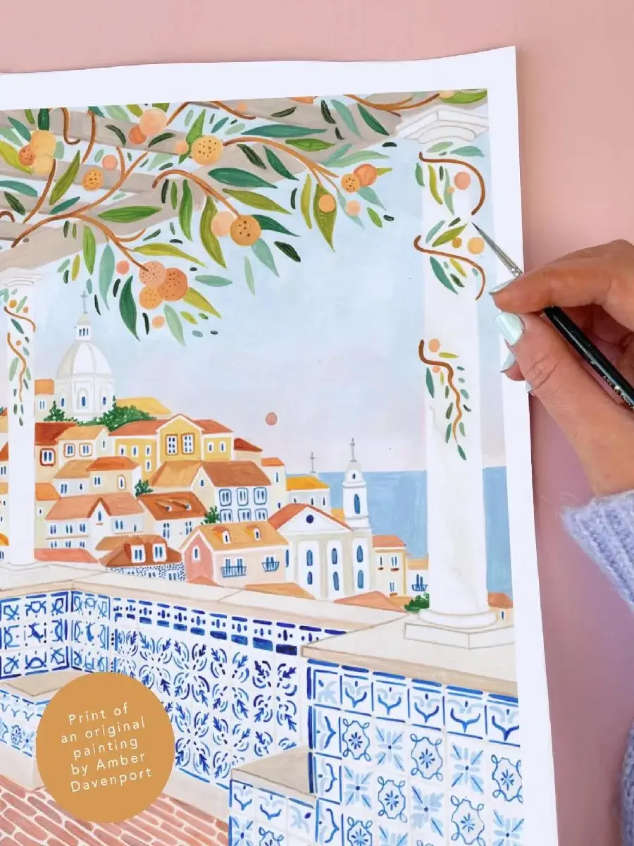 Lisbon Poster Portugal Art Print Kitchen Wall Decor Portuguese Tile Design Hand Painted Travel Theme Housewarming Gift