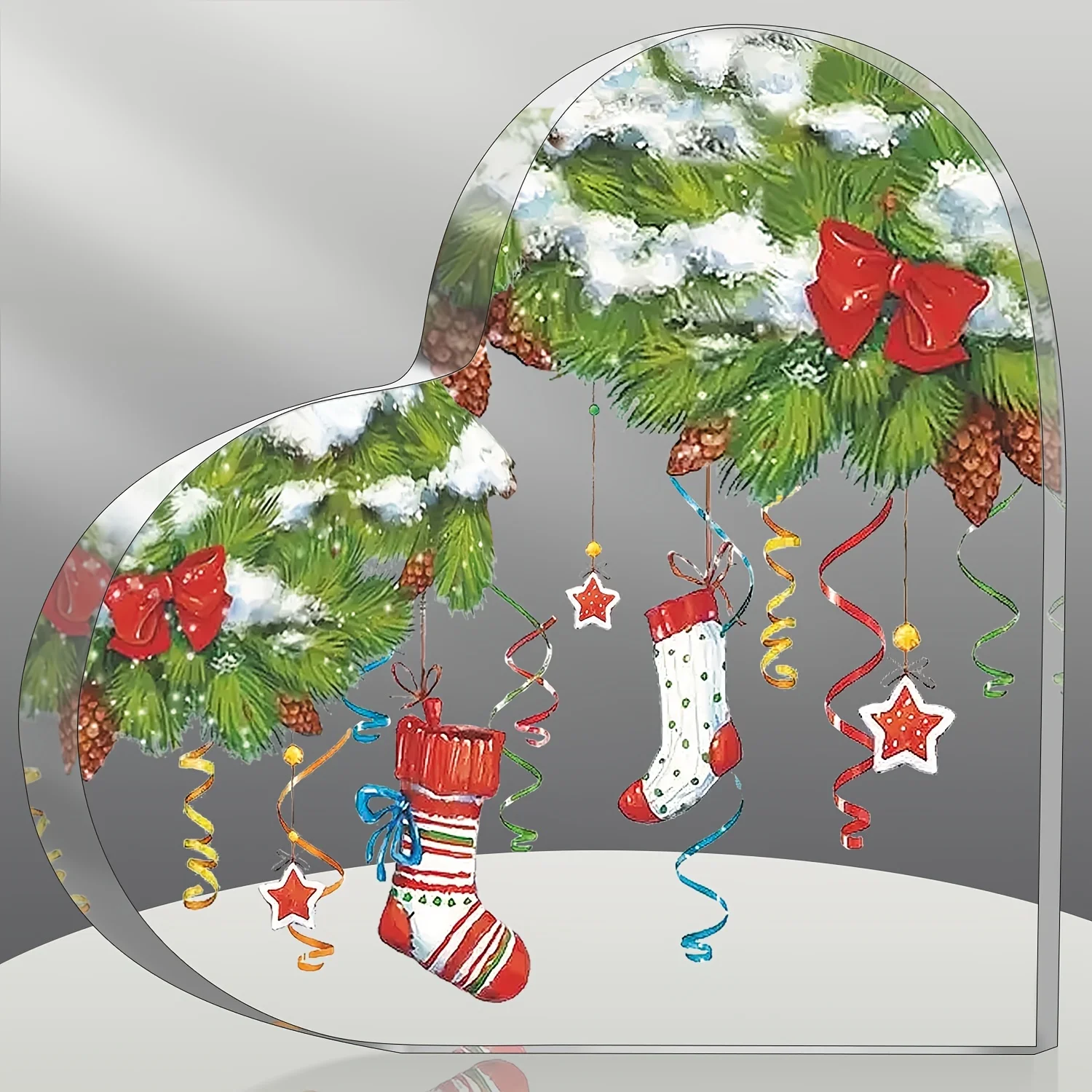 Christmas Stocking Heart Acrylic 2D Table Sign, Snow‑Covered Pine Branches, Red Bow, Star Ornaments and Curly Ribbon Design Desk