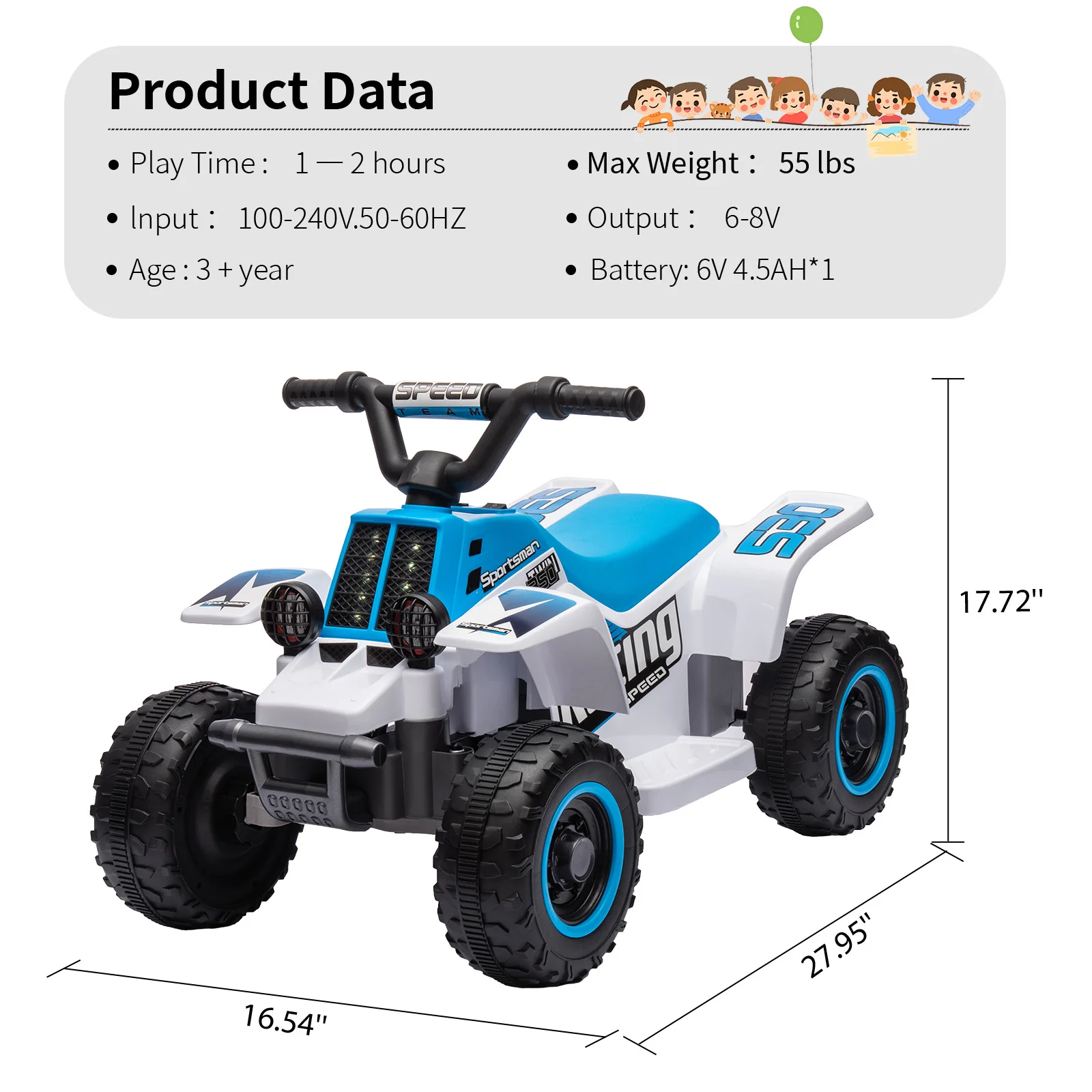 6V Kids Ride-on ATV, Rechargeable Battery-Powered Toy Car with Forward/Reverse, 1.5 MPH, 55 Lbs Weight Capacity, for Ages 3 +
