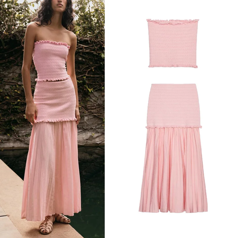

oulder Bared Knitted Wrap Chest Top with Pleated Hem High Waist Long Pants Two Piece Set round Ne ort Sve Women's Fa...