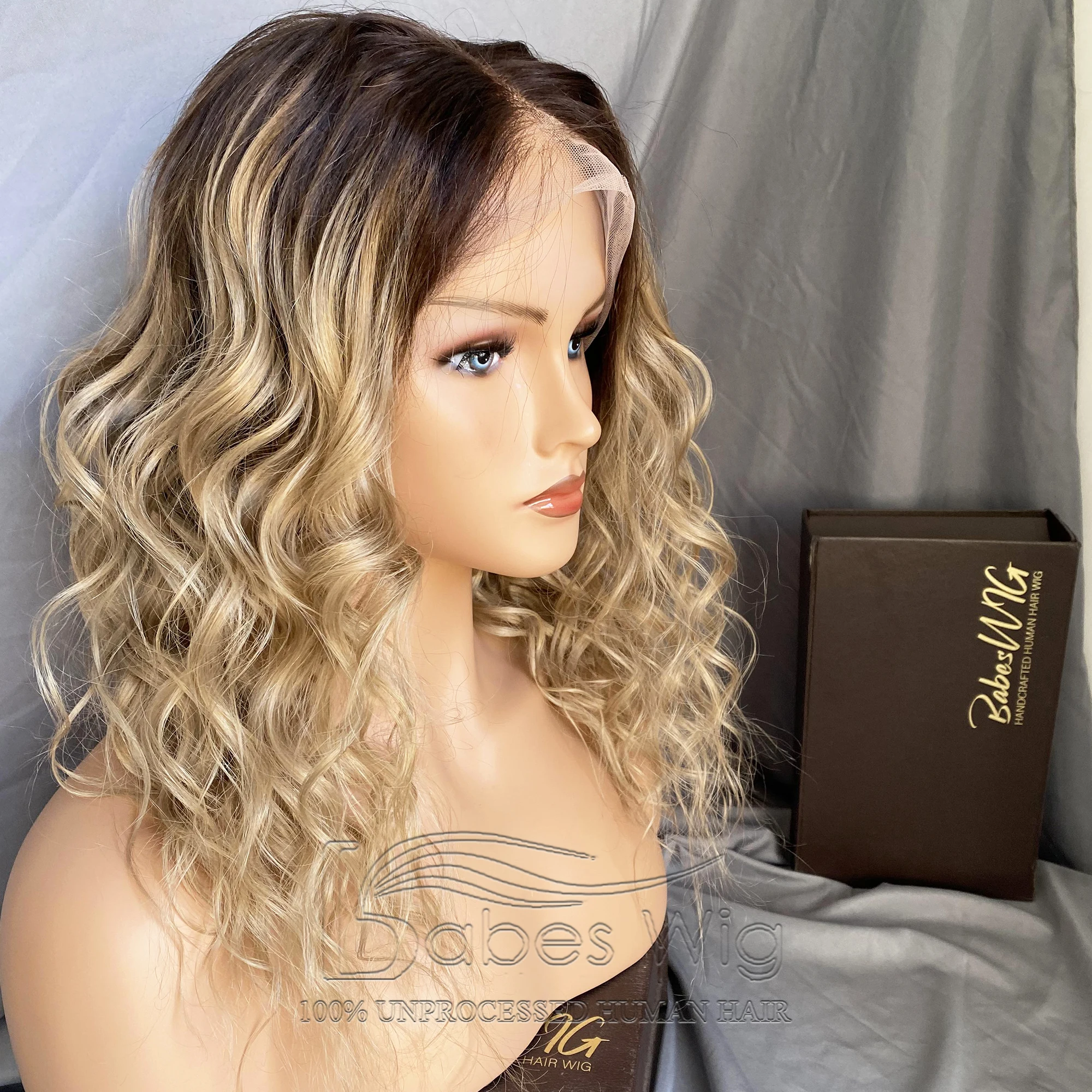 Curly Virgin Human Hair Ombre Medium Brown With Blonde Lace Front Wigs For White Women Lace Frontal Human Hair Lace Wig