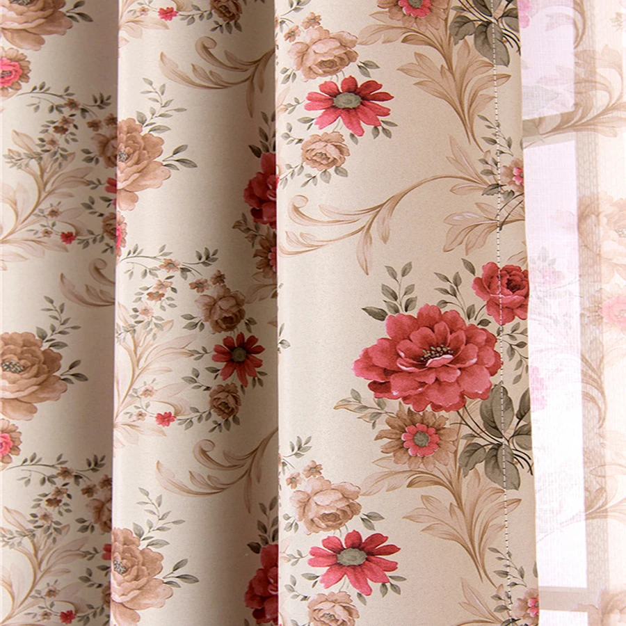 Bedroom Curtains American Style Red Floral Print Insulation Semi Shade Curtains For Door Window Living Room Farmhouse Decoration