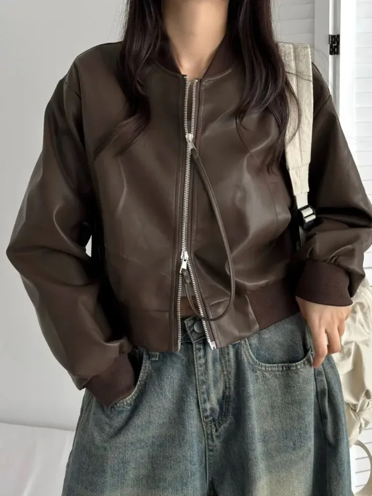 Schickes Design, Doppelreißverschluss, kurze Lederjacke für Damen, schmale Passform, Baseballkragen, langärmliges Oberteil, vielseitig einsetzbar, für den Arbeitsweg, PU-Leder