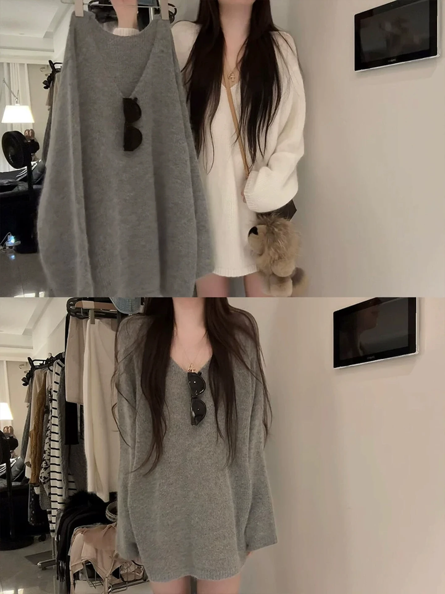 

Свободный вязаный свитер с v-образным вырезом, женский осенне-зимний мягкий свитер большого размера, нижняя часть слоя, закрывающий ягодицы, корейский топ