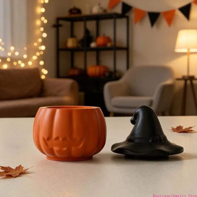 E1PE Seasonal Jar Mold for Resin and Clay, Silicone Two Piece Container Mold with Witch Hat Lid for Candy Holder and Display