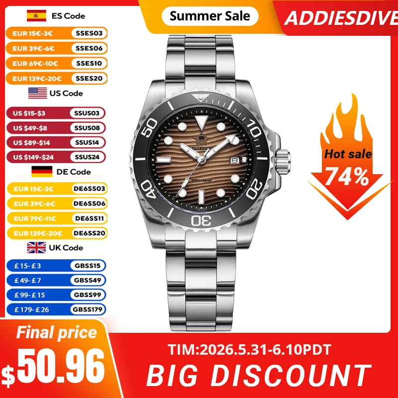 

ADDIESDIVE AD2537 Men's Watch Desert Dial Quartz Movement Premium Brand 200m Water Resistance 316L Stainless Steel BGW9 Luminous
