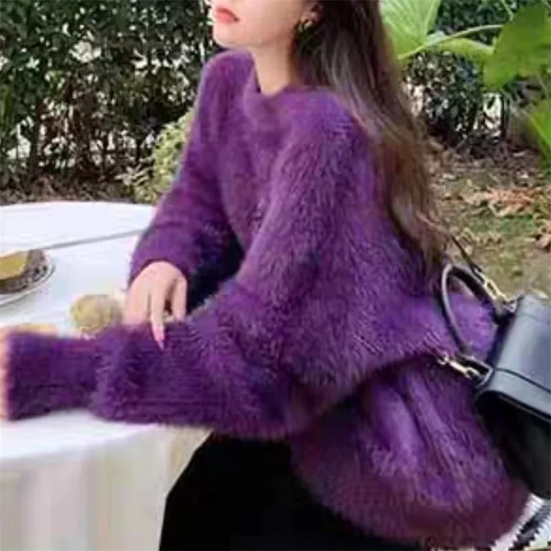 Imitation Mink Fur Round Neck Loose Pullover Sweater for Women's 2024 Autumn and Winter New Lazy Style Warm Sweater