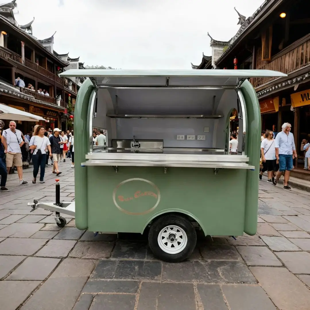 

Outdoor Food Trailer Soft Light Green Retro Style with Openable Arc Shaped Awning for Sun And Rain Protection