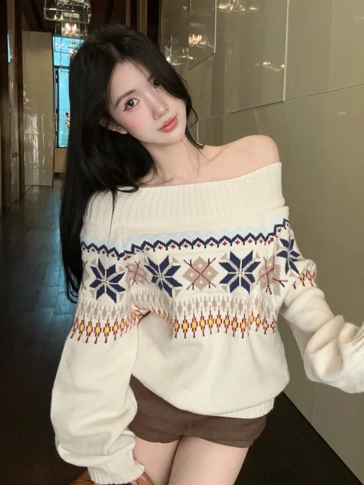 

Ретро-свитер с узором Fair Isle, вязаный, утолщенный, с открытыми плечами, свободного кроя, осенне-зимний, женский, дышащий, с длинным рукавом, средней длины, до талии