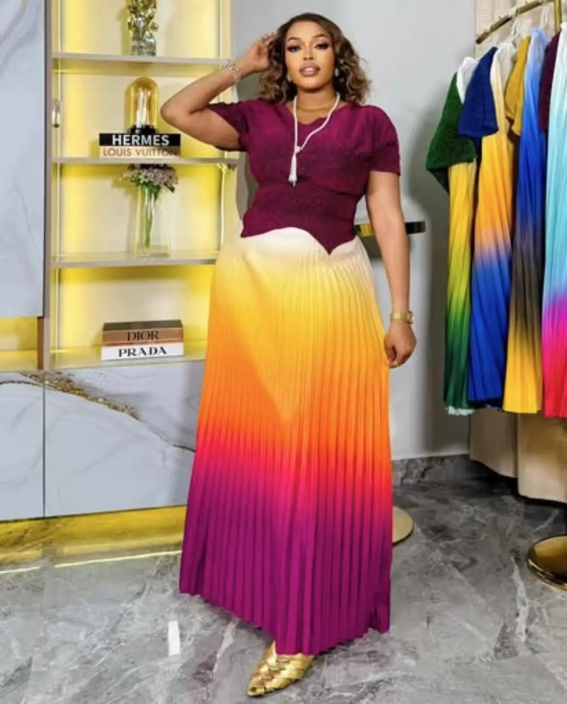 

Miyake Two Piece Sets Women Dress Sets Skirt Set Short Sleeve Pleated Gradation Tops A Line Long Skirts Elastic Waist Elegant