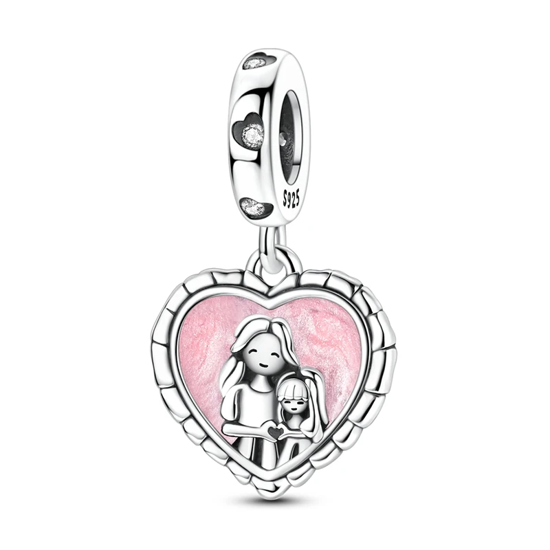 

925 Sterling Silver Charms Bead CZ Zircon Parent-Child Photo Dangle Fit Original Bracelet DIY Women Jewelry